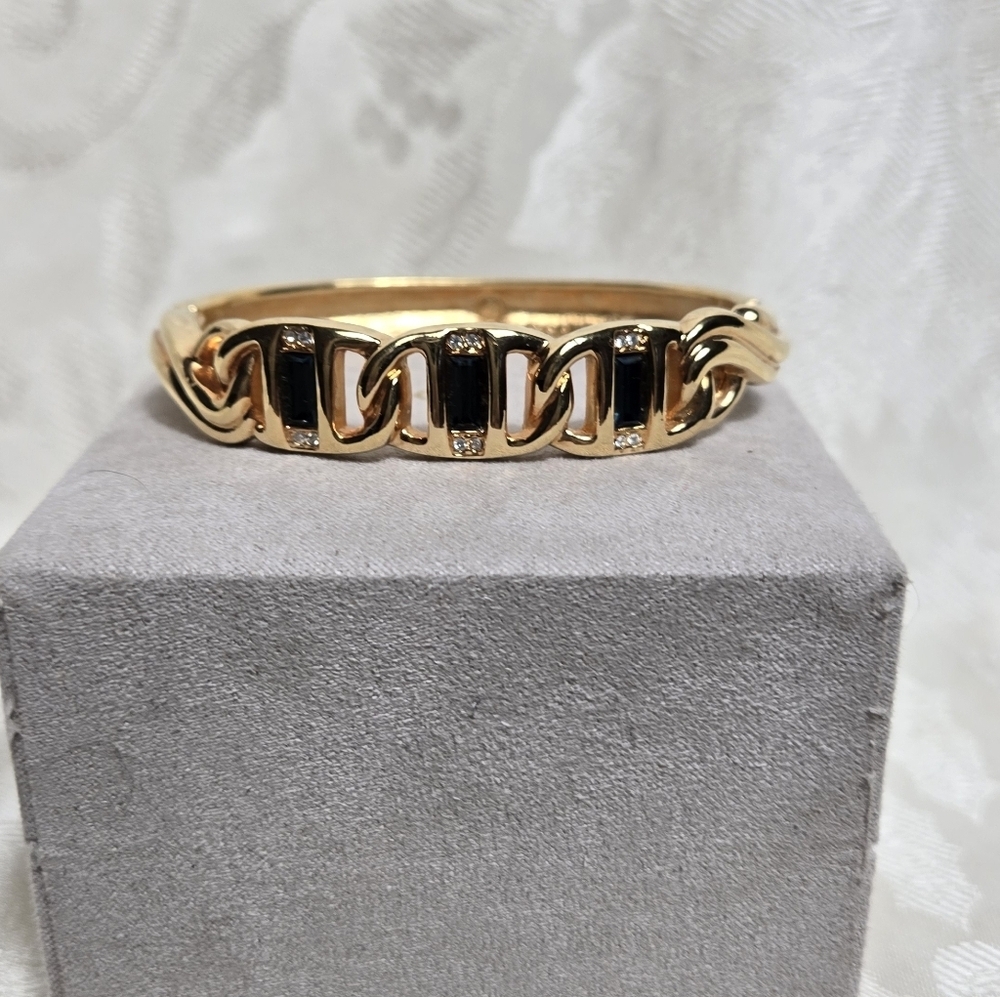 Swarovski Vintage Gold Tone Blue Stone And Crystals 1980s Hinge Bracelet